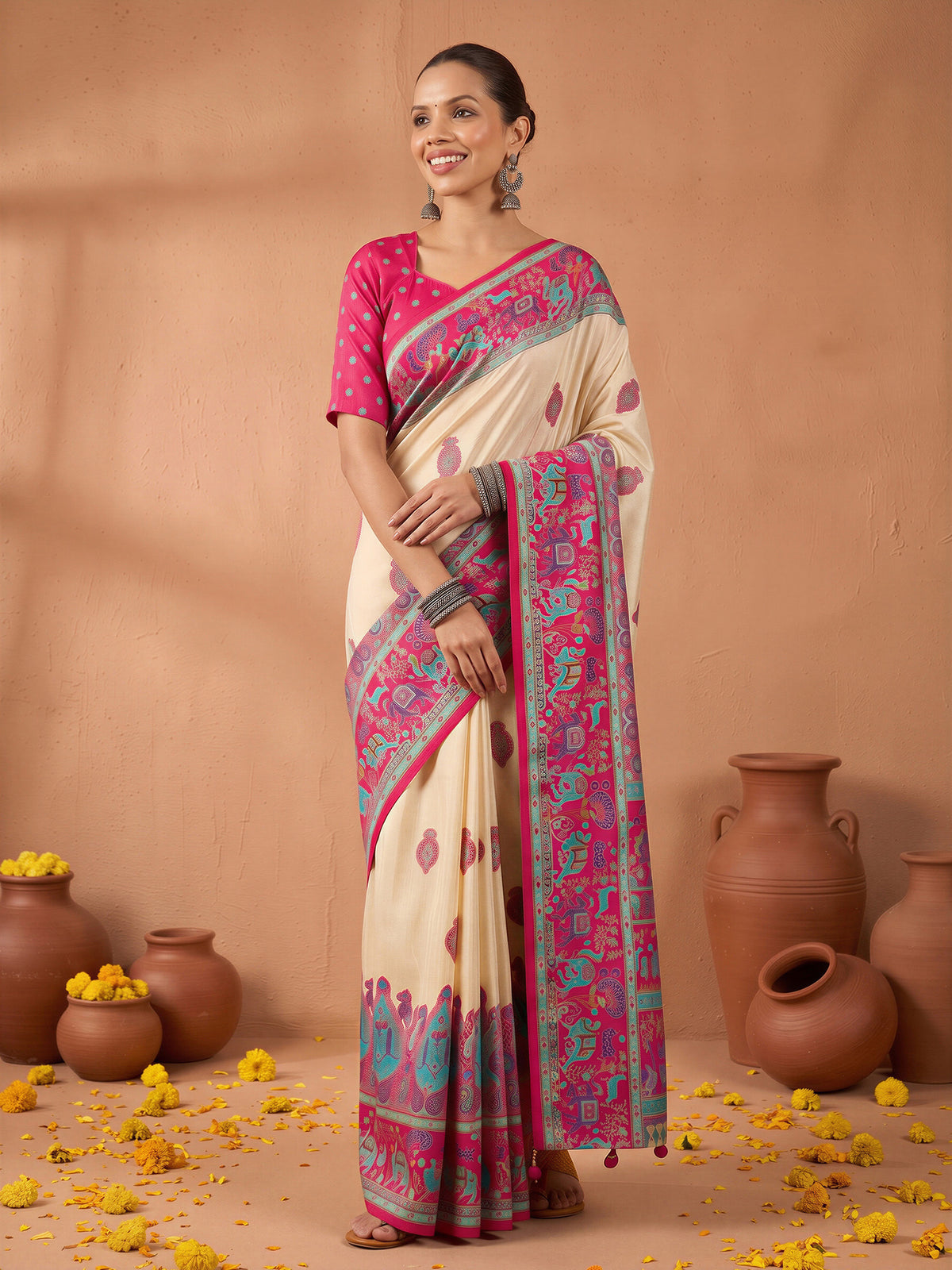 Woman wearing pink silk blend saree with metallic foil print work and pink blouse