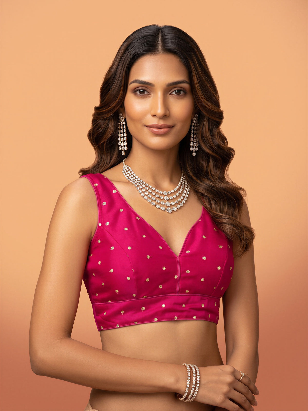 Pink sequin embellished silk blend sleeveless readymade saree blouse with v neck