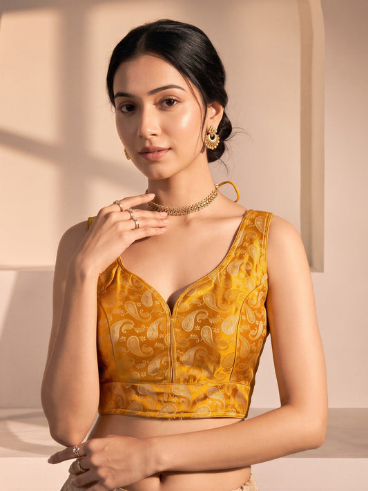 Orange woven brocade silk blend sleeveless readymade saree blouse with v neck