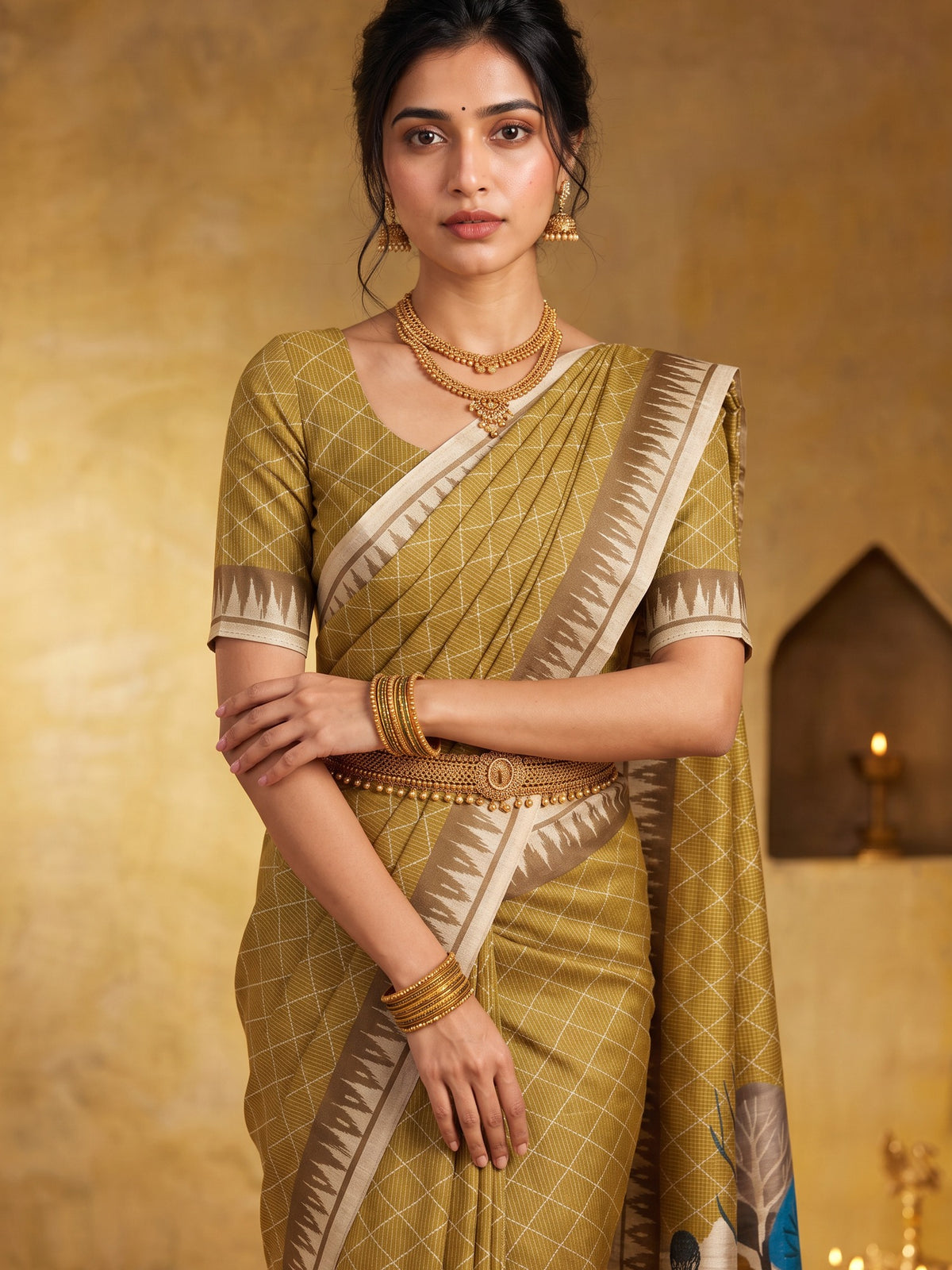 Olive soft silk saree view 3