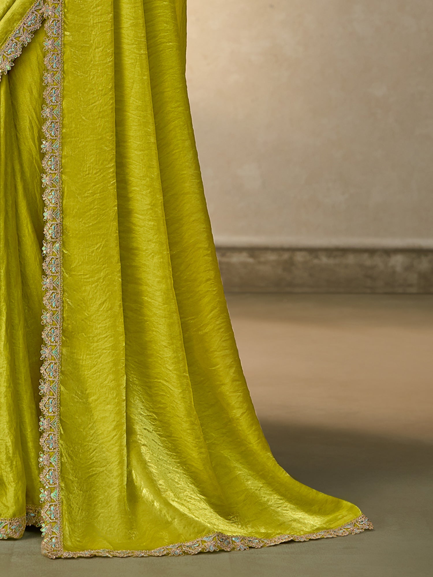 Lime Green Satin Silk saree – detail view 4