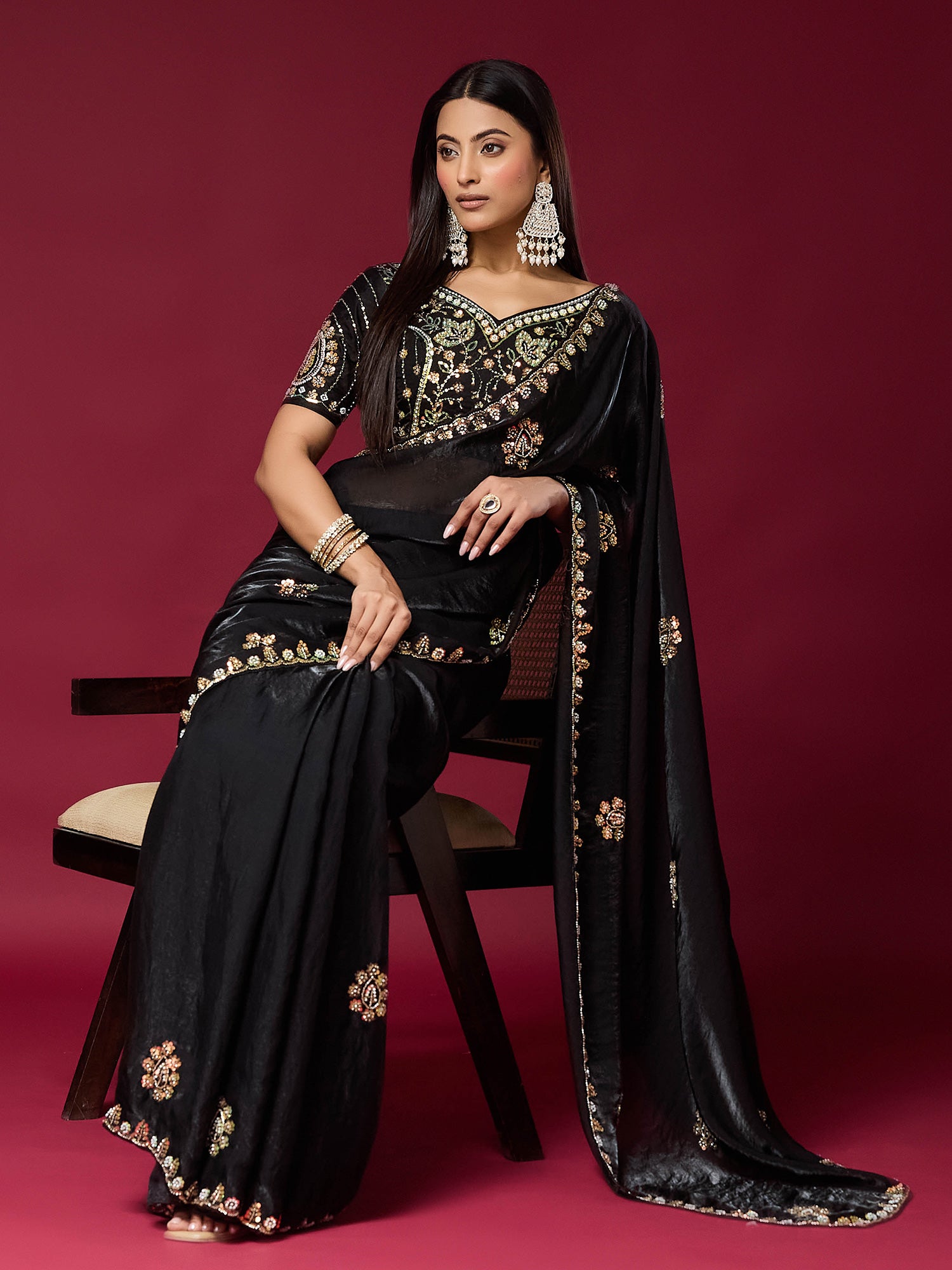 Black Satin Silk saree – detail view 3