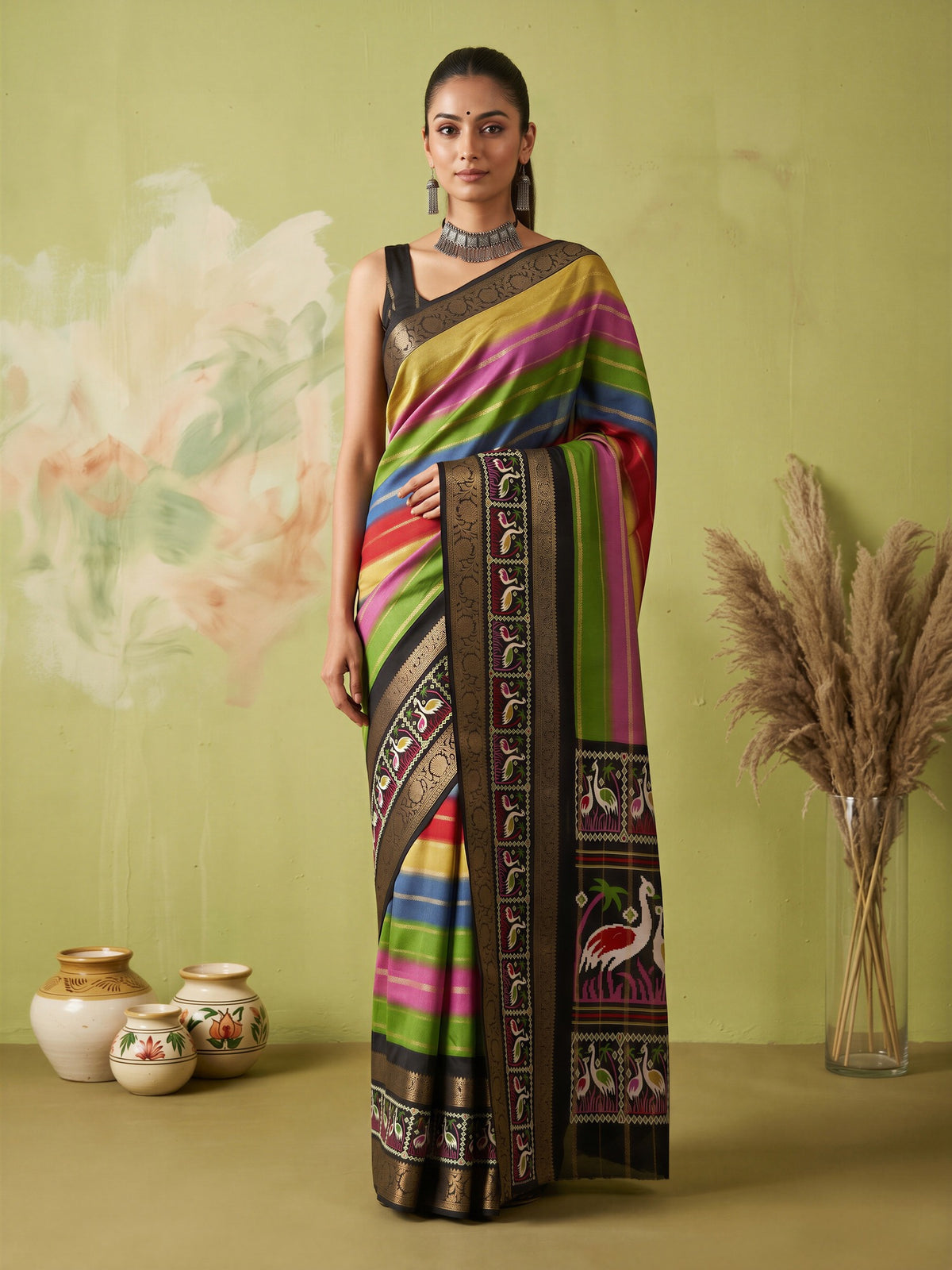 Woman wearing multicolored dola silk saree with traditional indian motif work and black blouse