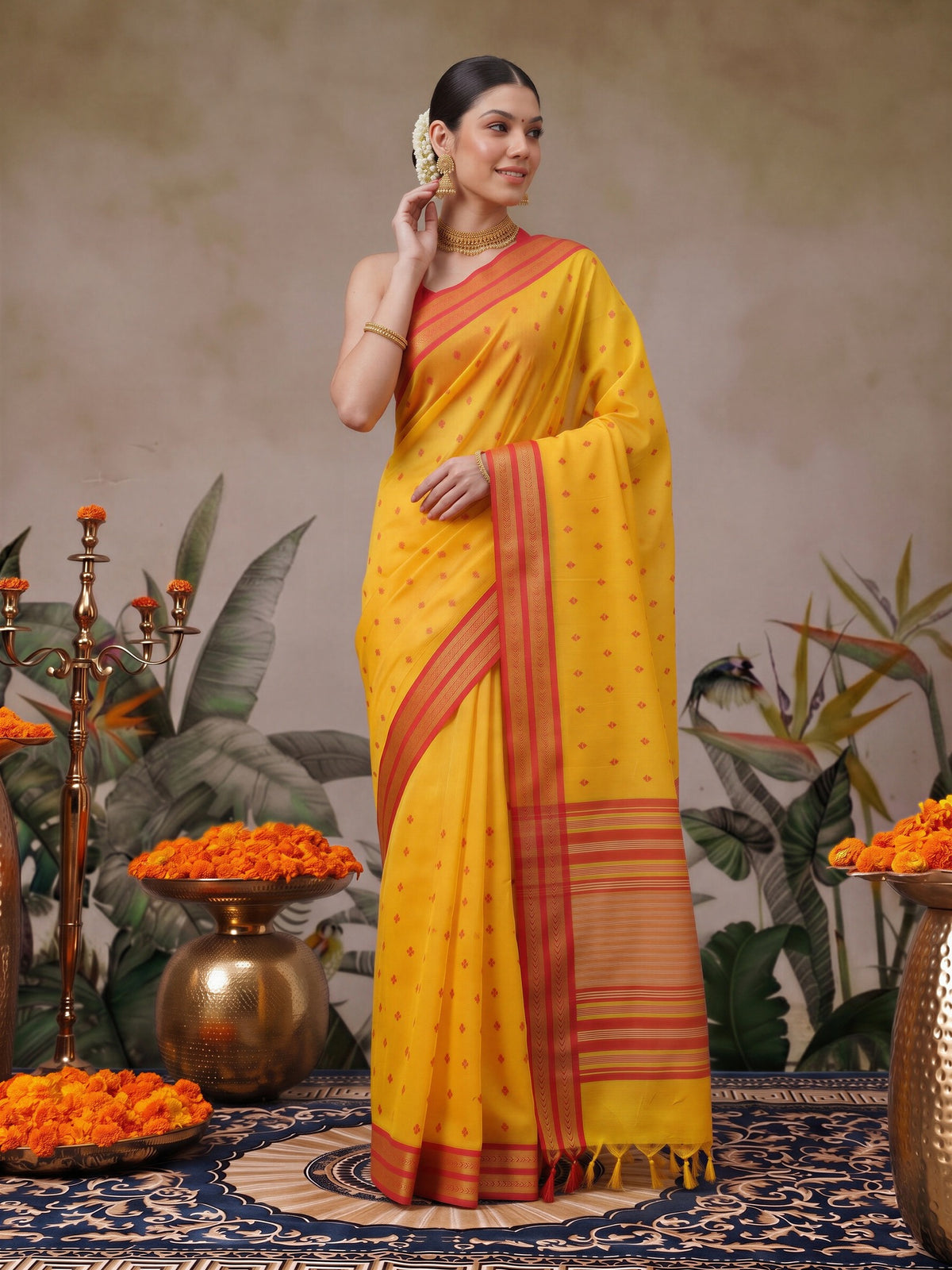 Mustard woven design cotton blend saree with orange blouse piece