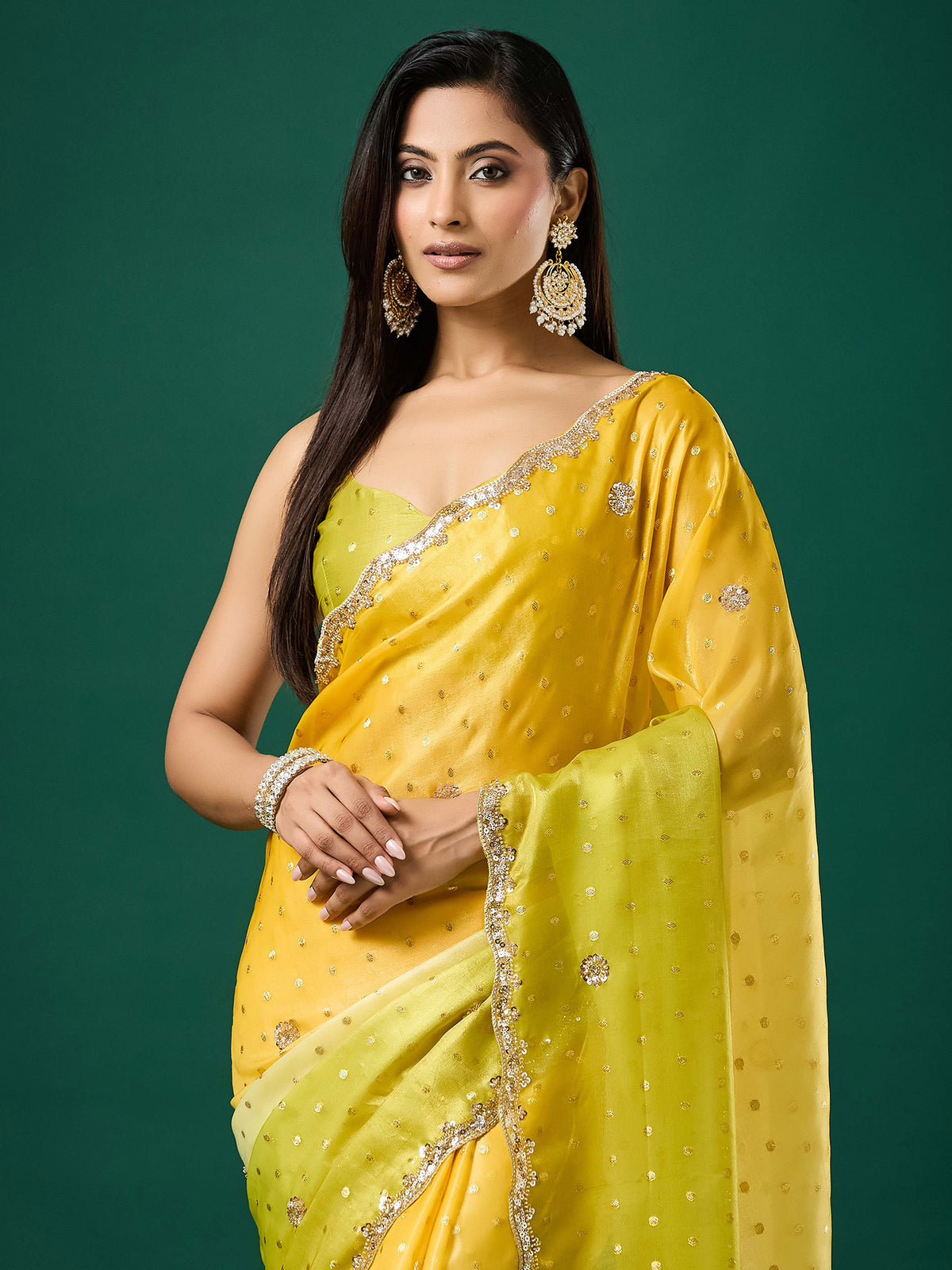 Yellow Satin saree – detail view 3