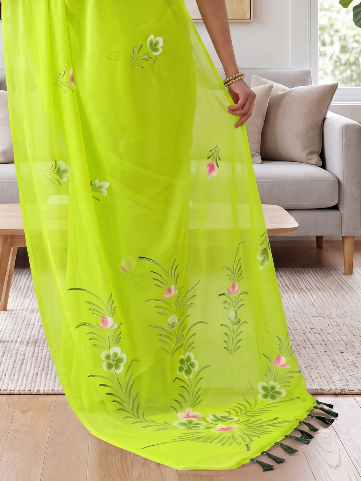 Lime Green Georgette saree – detail view 5