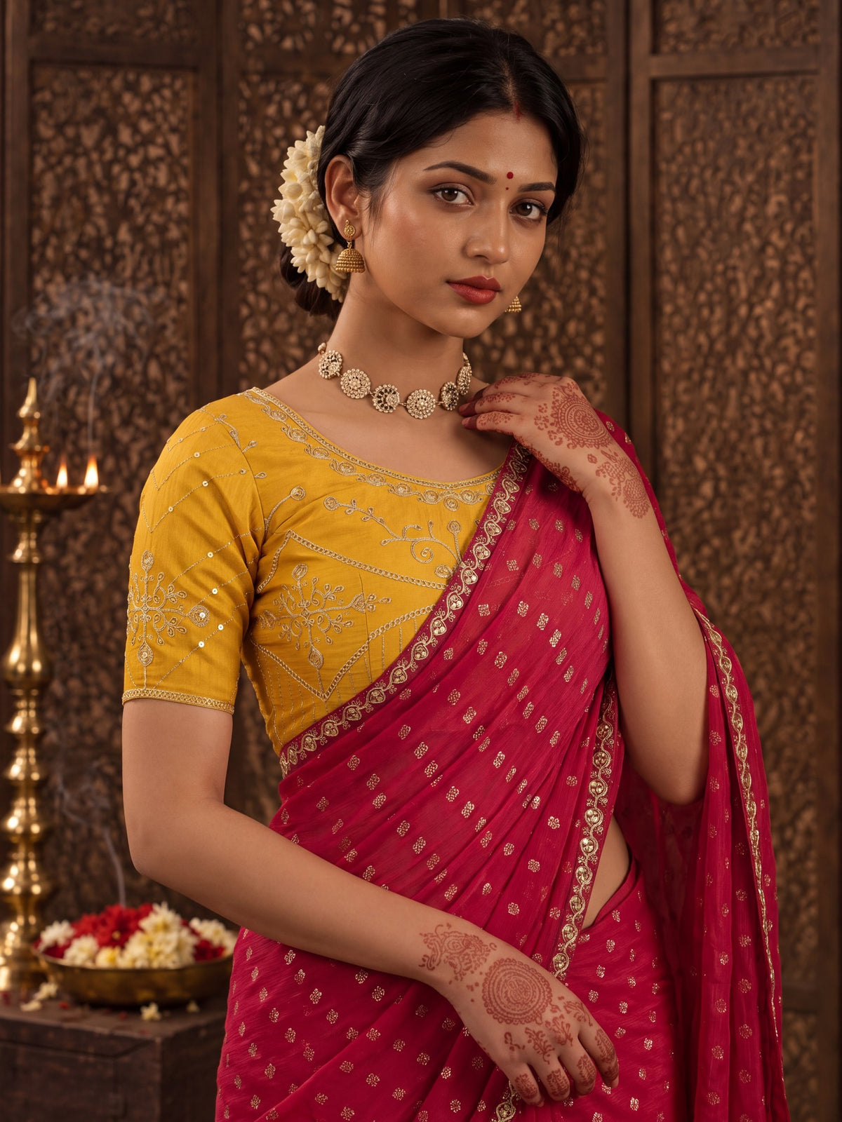 Red Chiffon saree – detail view 1