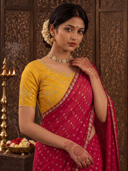 Red Chiffon saree – detail view 1
