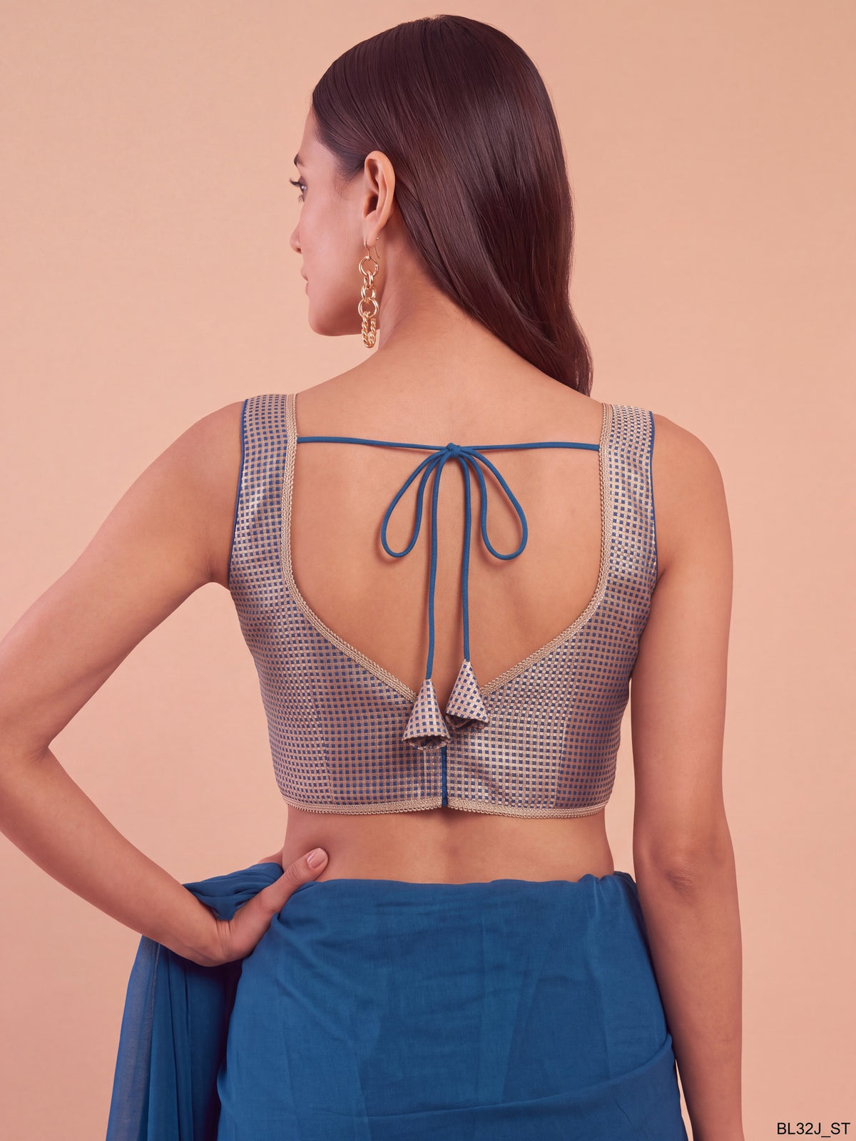 Teal Blue woven metallic jacquard sleeveless readymade saree blouse with sweetheart neck view 1