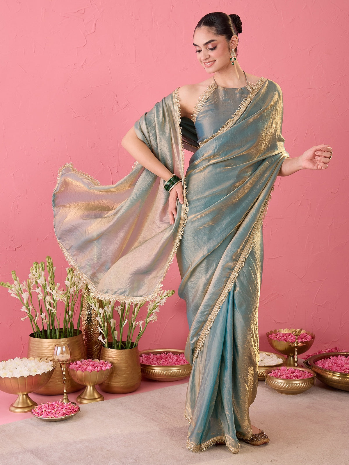 Teal Blue Paper Silk saree – detail view 5