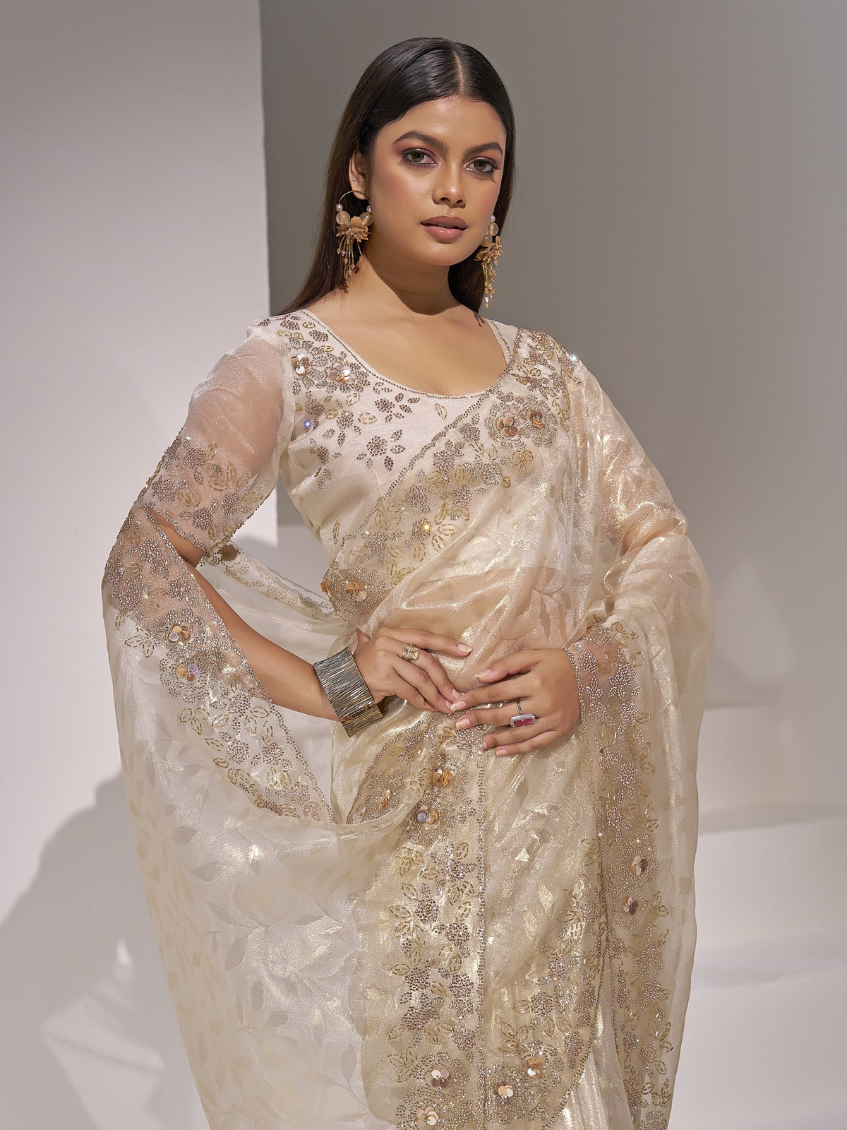 Cream organza saree view 3