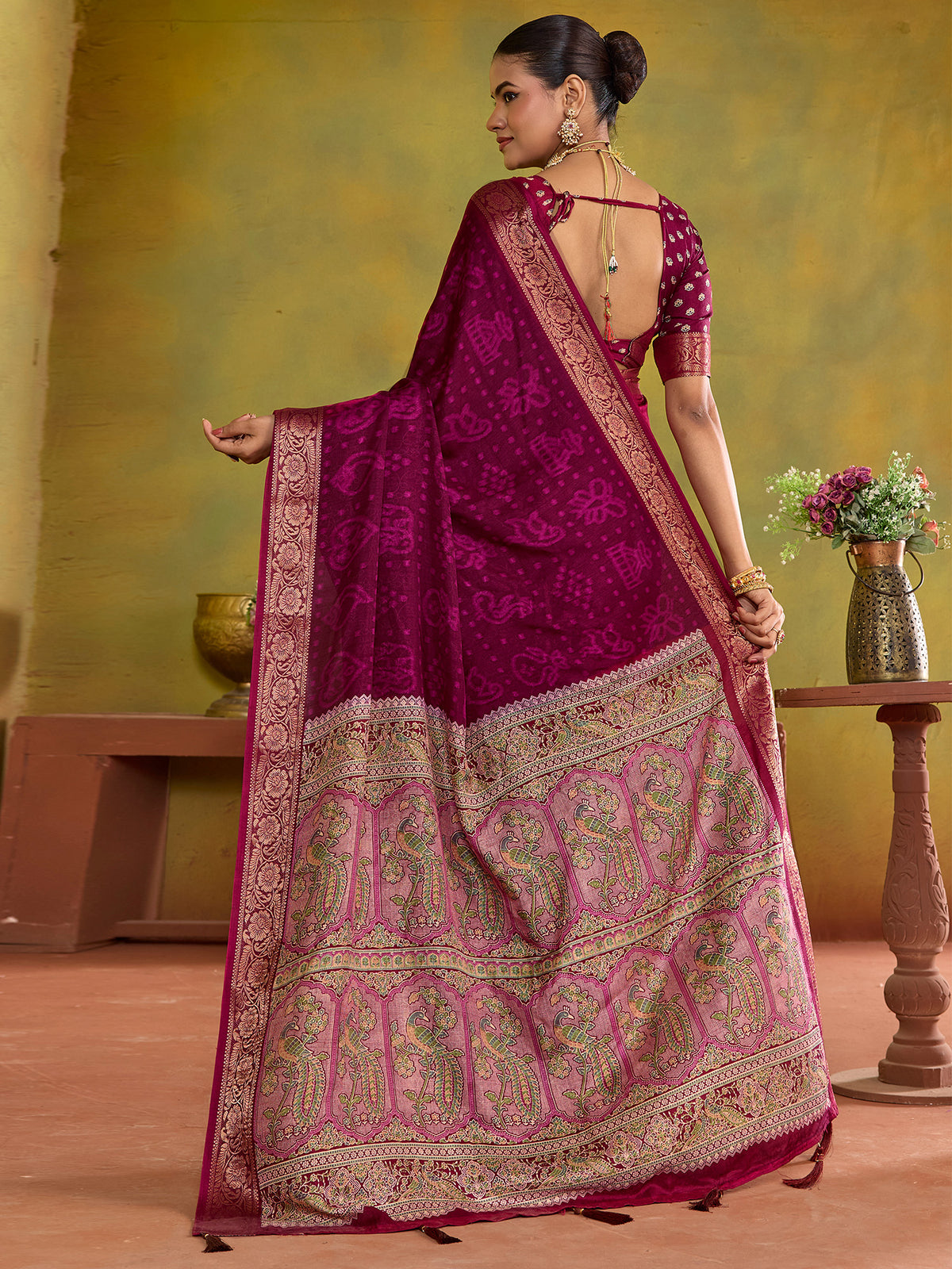 Wine tussar silk saree view 2