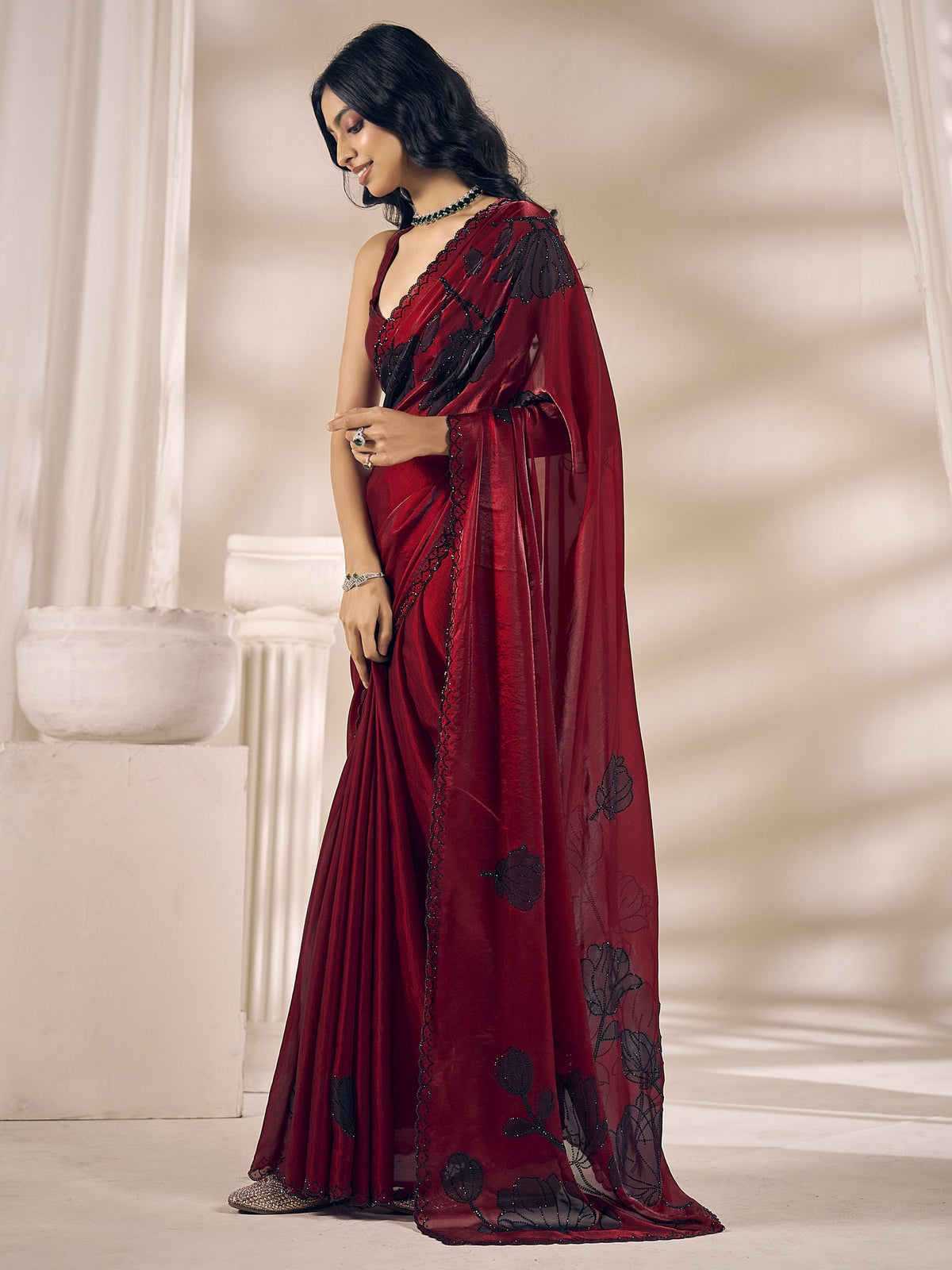 Maroon satin silk saree view 2