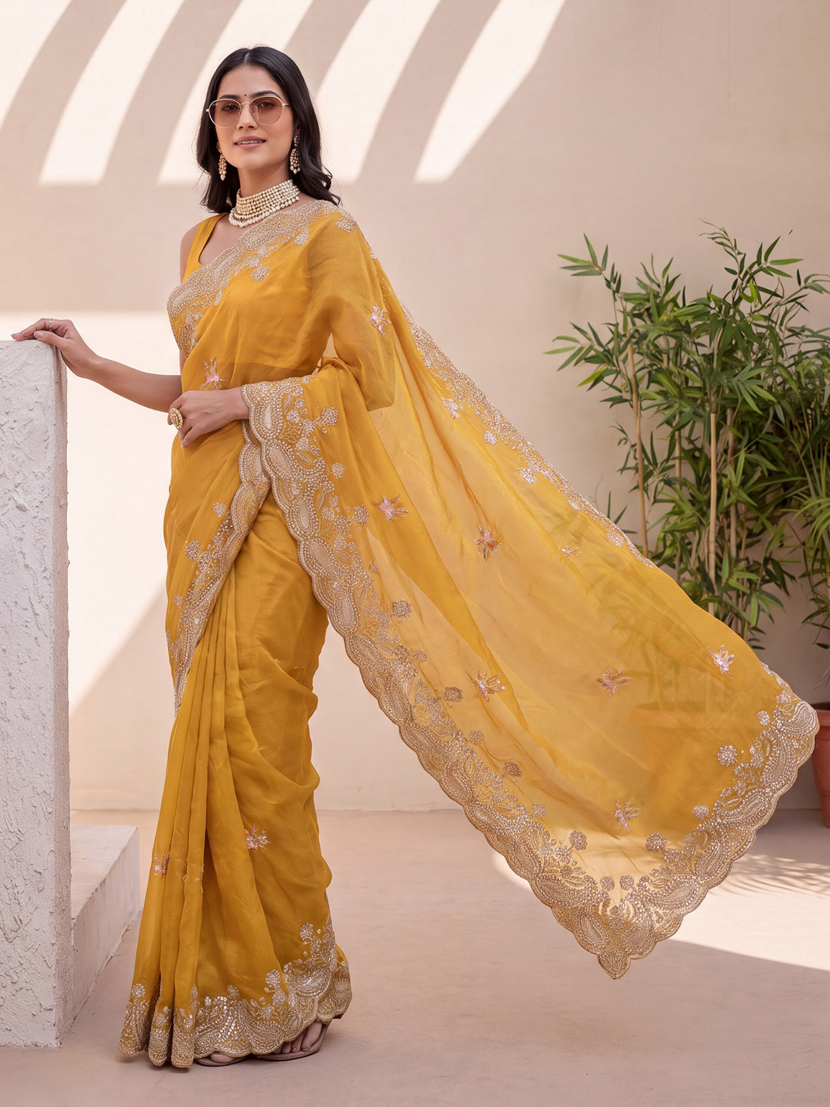 Mustard Satin saree – detail view 3