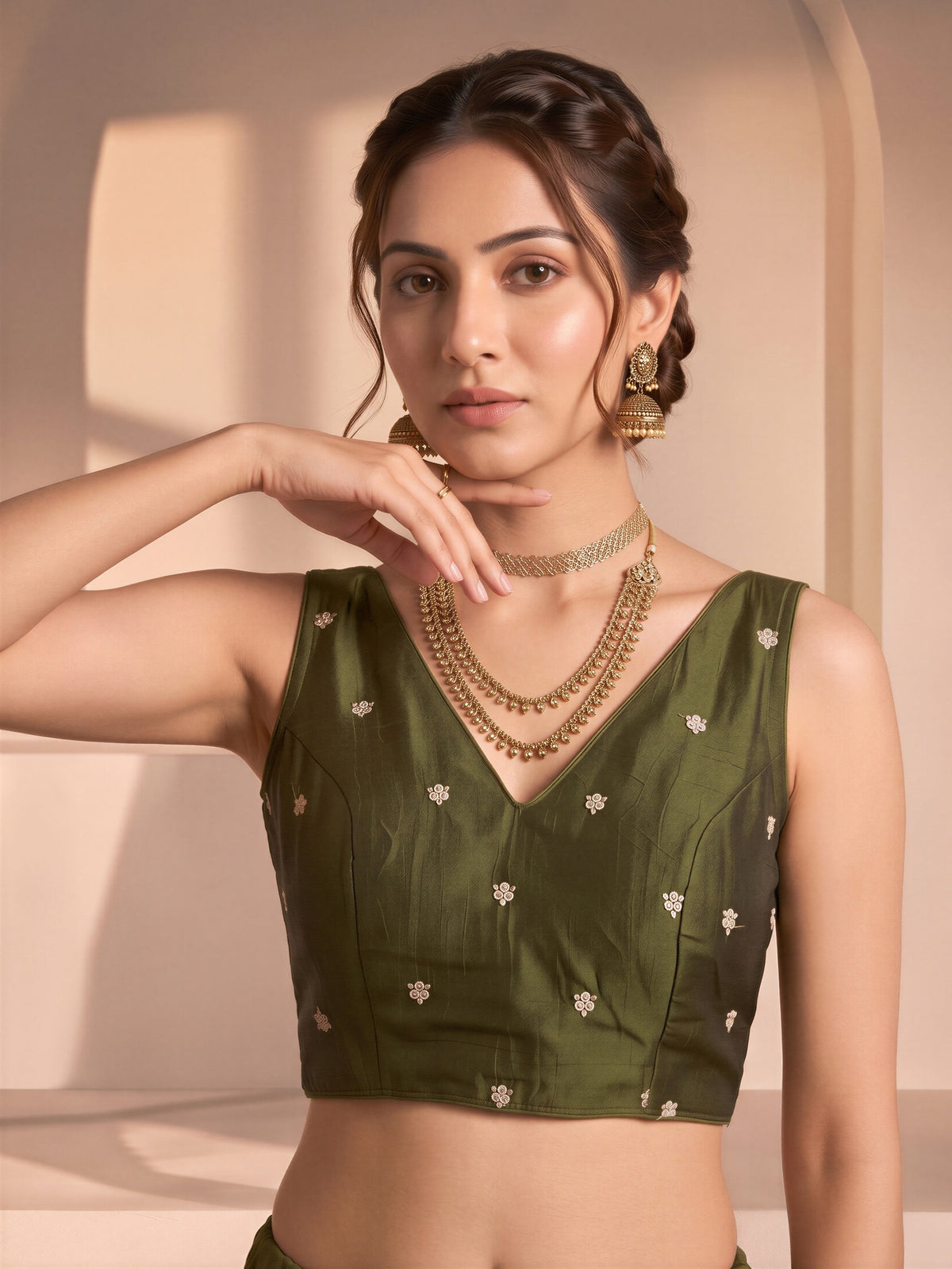 Olive sequin embellished vichitra silk sleeveless readymade saree blouse with v neck view 3