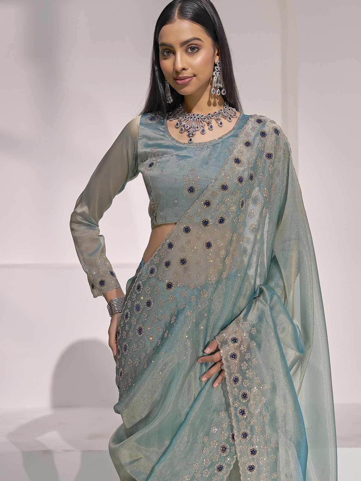 Light Blue organza saree view 4