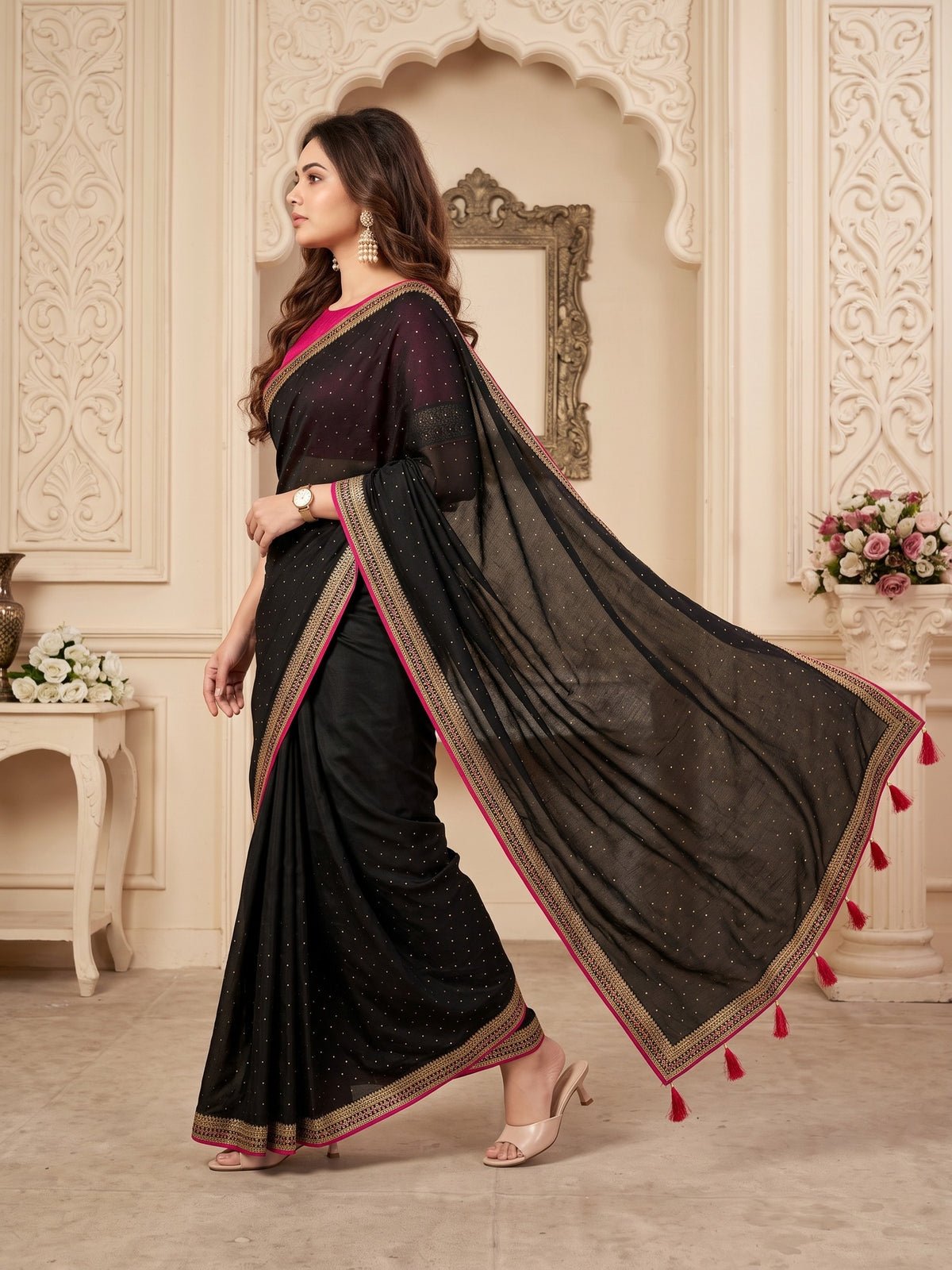 Black Vichitra Silk saree – detail view 3