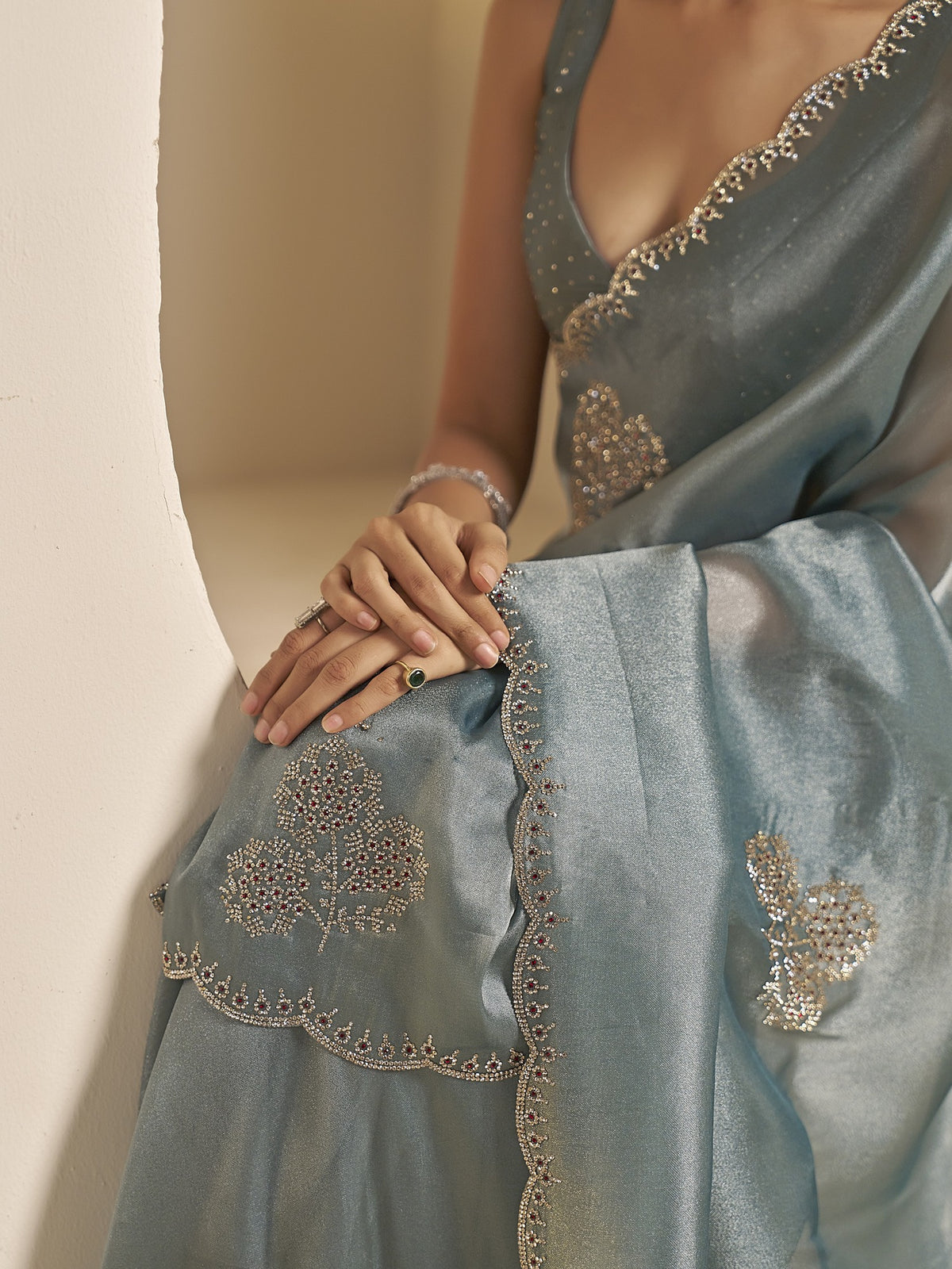 Light Blue organza saree view 5