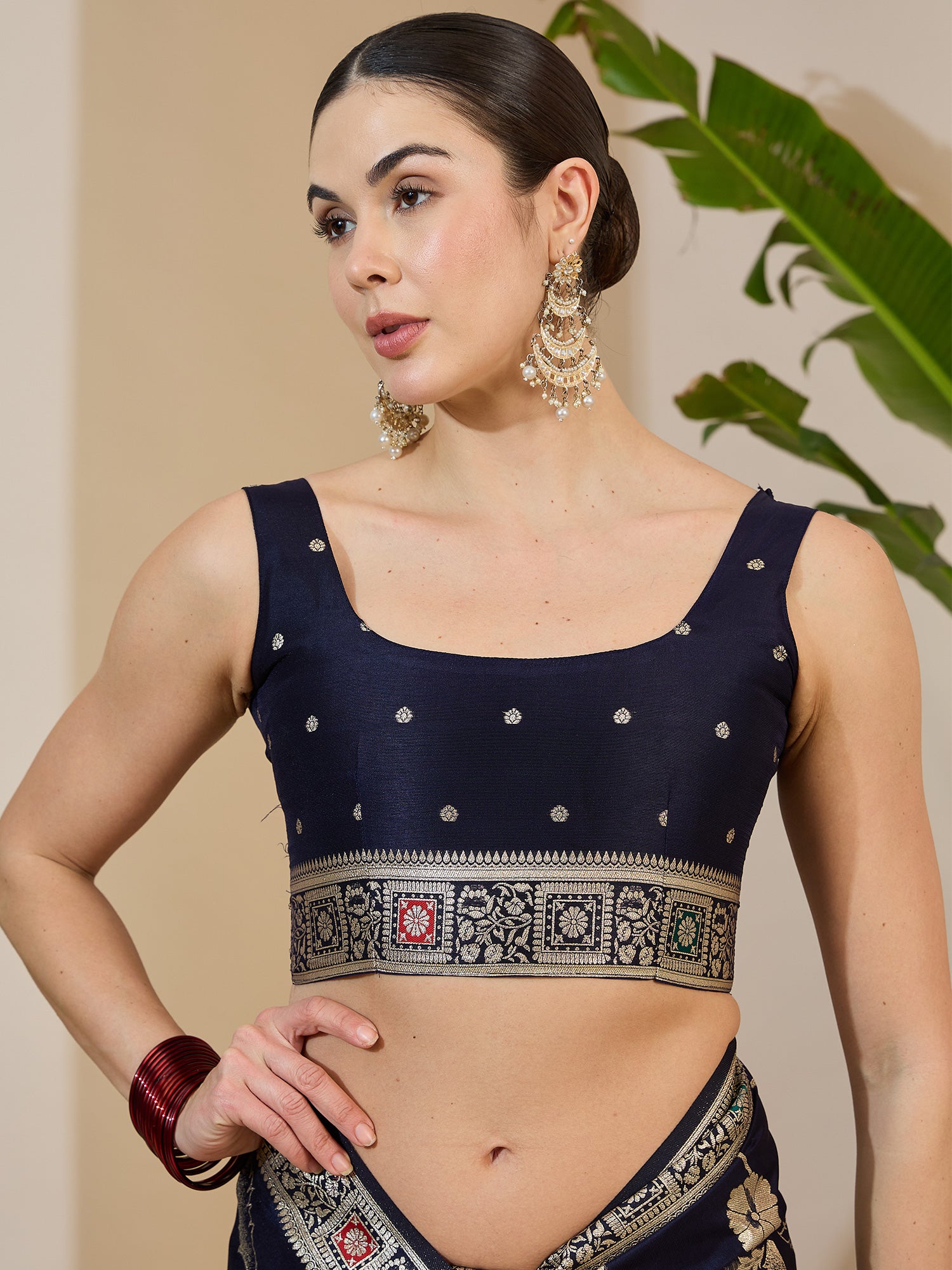 Unstitched navy blue dola silk blouse piece with woven design design