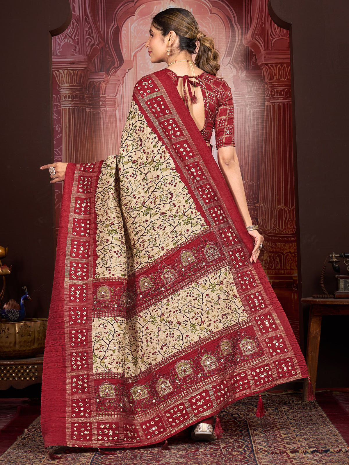 Cream tussar silk saree view 2
