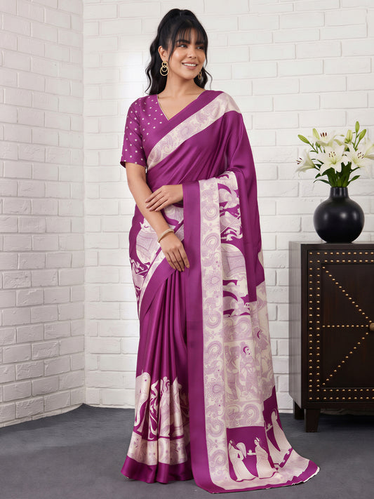 Woman wearing purple satin saree with kalamkari narrative motif work and purple blouse