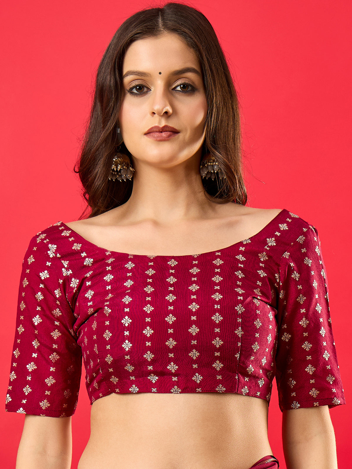 Unstitched burgundy mysore silk blouse piece with ethnic motif design