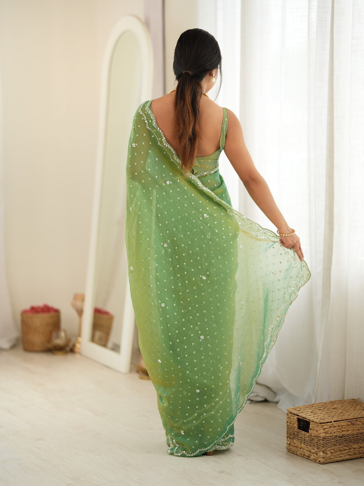 Lime Green Georgette saree – detail view 2