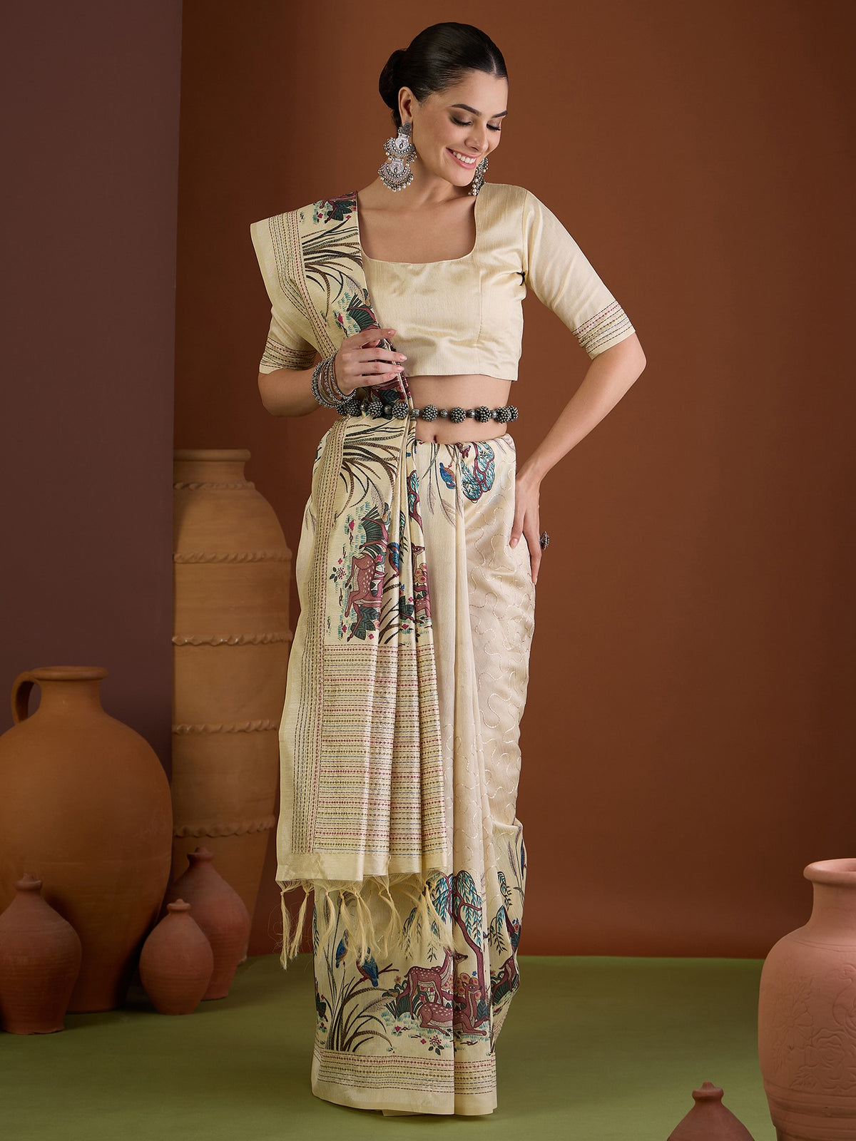 Cream art silk saree view 4