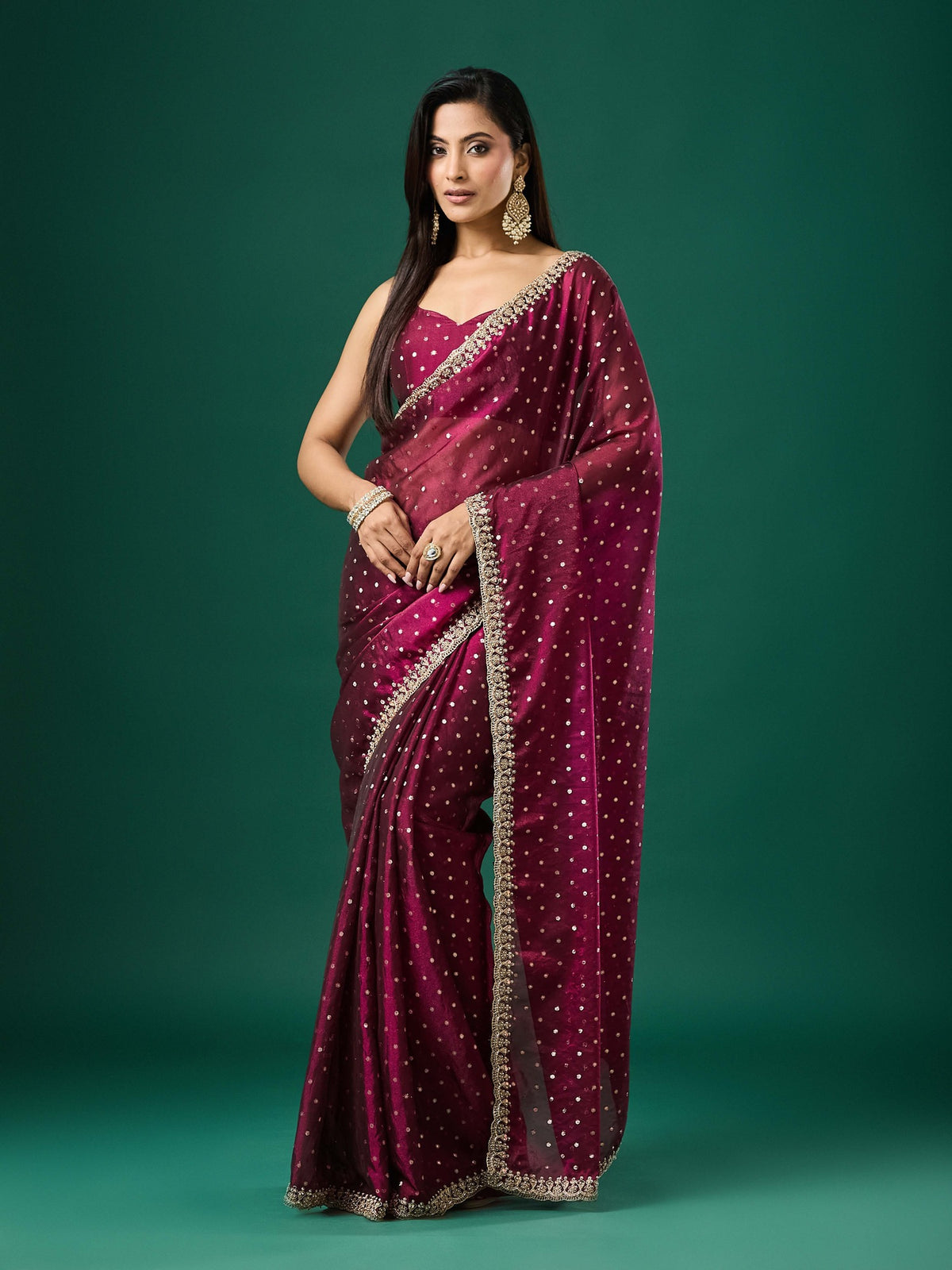 Woman wearing wine georgette saree with ornamented surface design and wine blouse