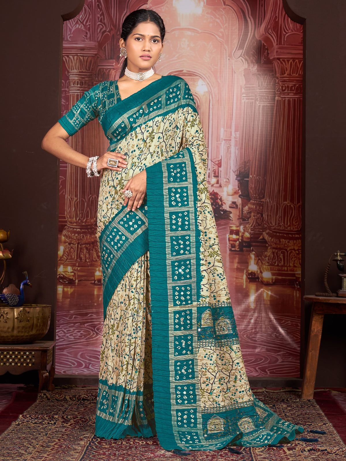 Cream ethnic motif tussar silk saree with turquoise blue blouse piece