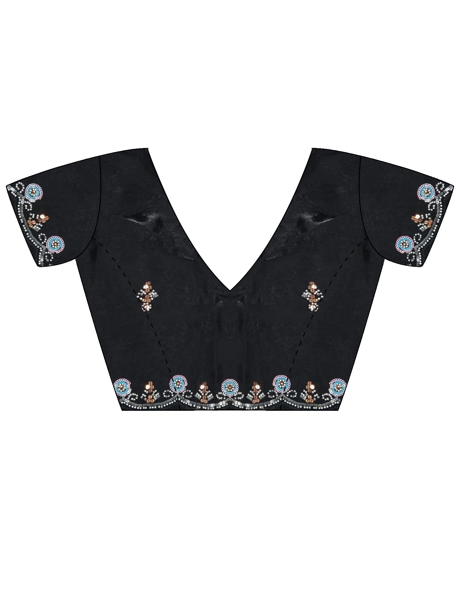 Unstitched black satin blouse piece with embellished design