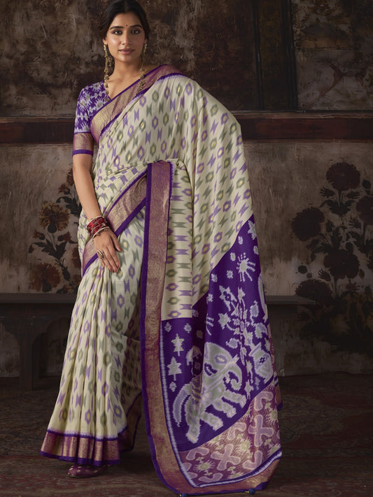 Off White ikat silk blend saree with violet blouse piece