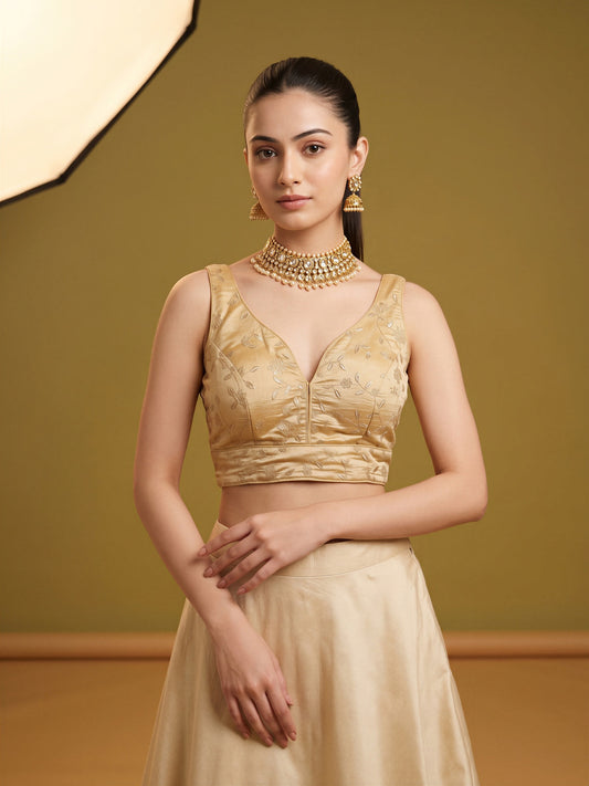 Gold sequin embellished silk blend sleeveless readymade saree blouse with v neck