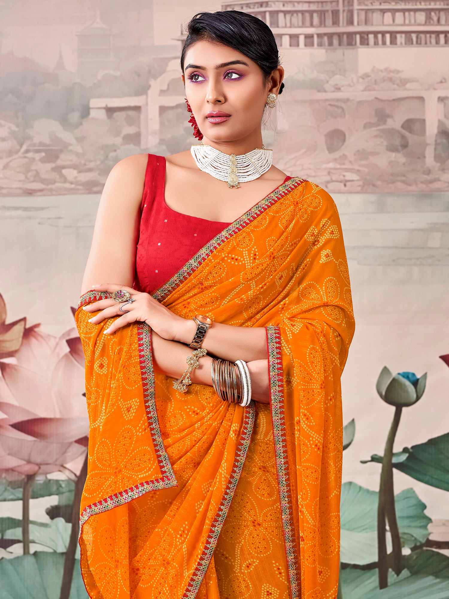 Orange Georgette saree – detail view 3