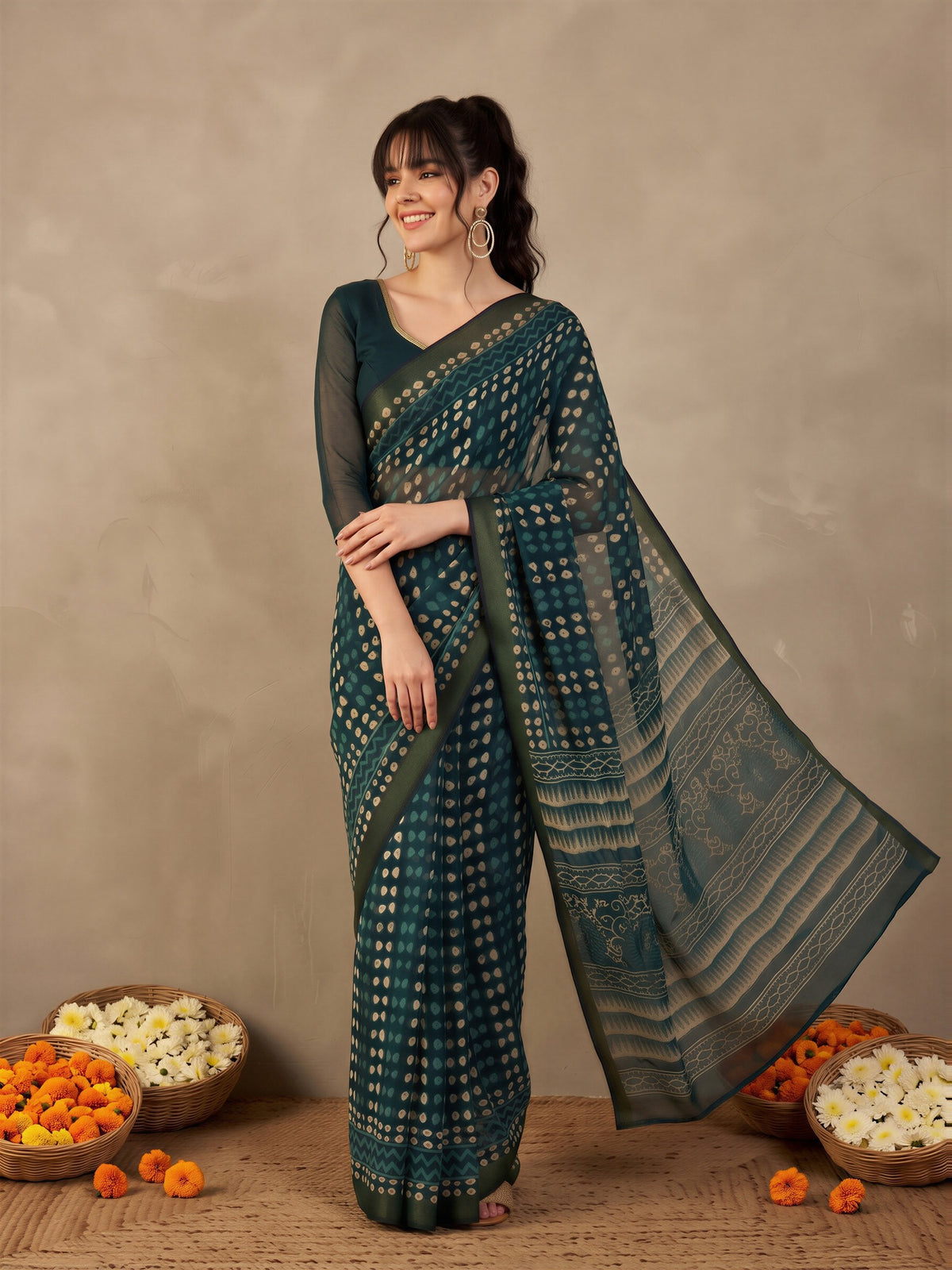 Teal Blue Cotton Linen saree – detail view 3