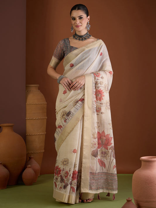 Beige floral linen blend saree with grey melange blouse piece