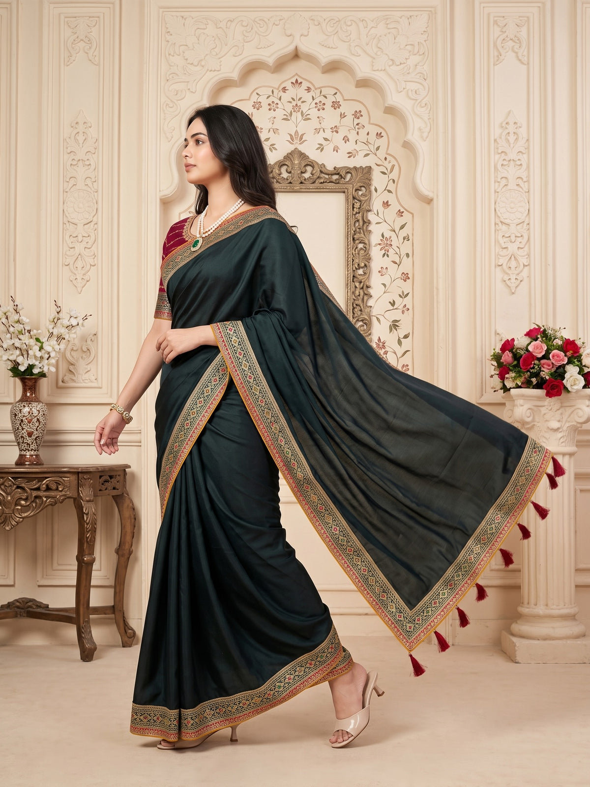 Green Vichitra Silk saree – detail view 3