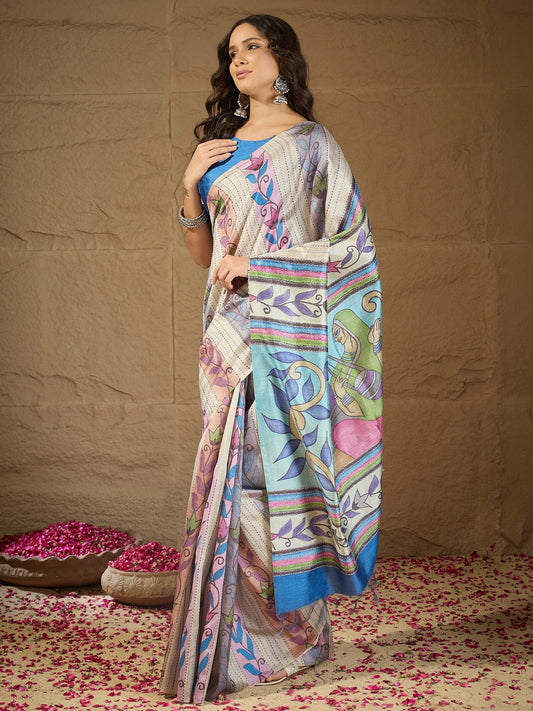 Multicolored kalamkari art silk saree with blue blouse piece