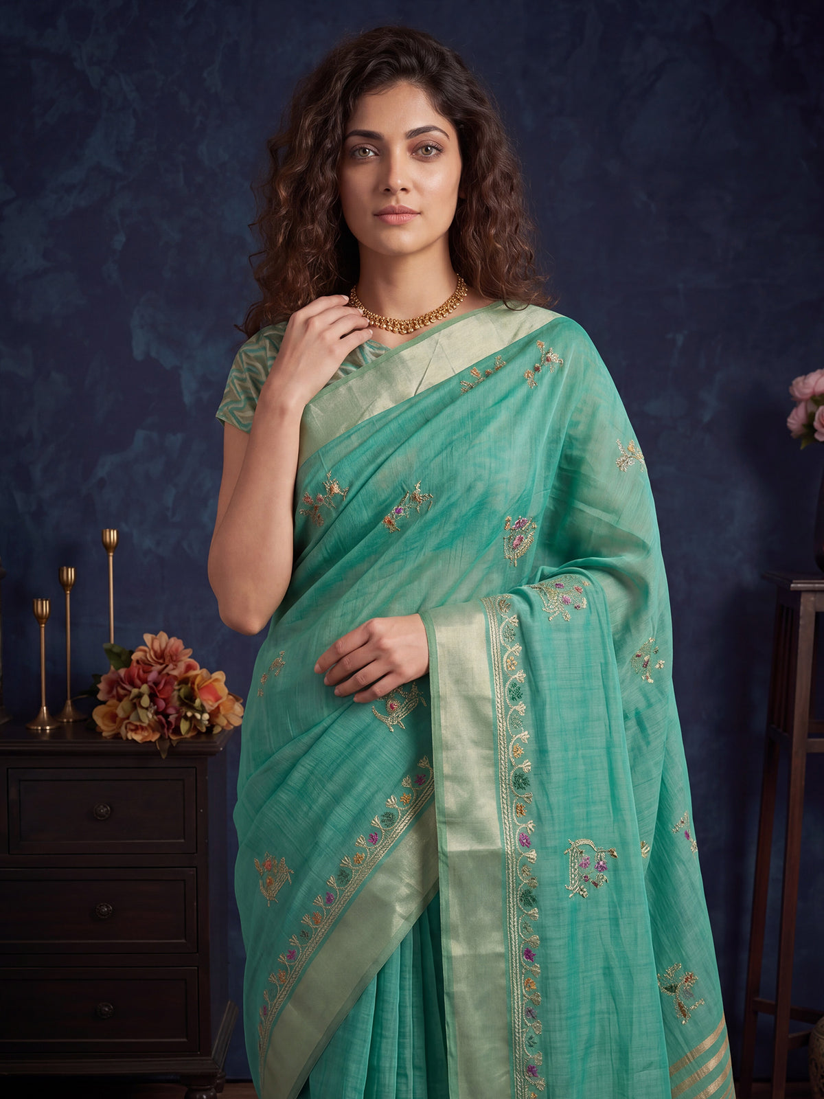 Sea Green Cotton Linen saree – detail view 4