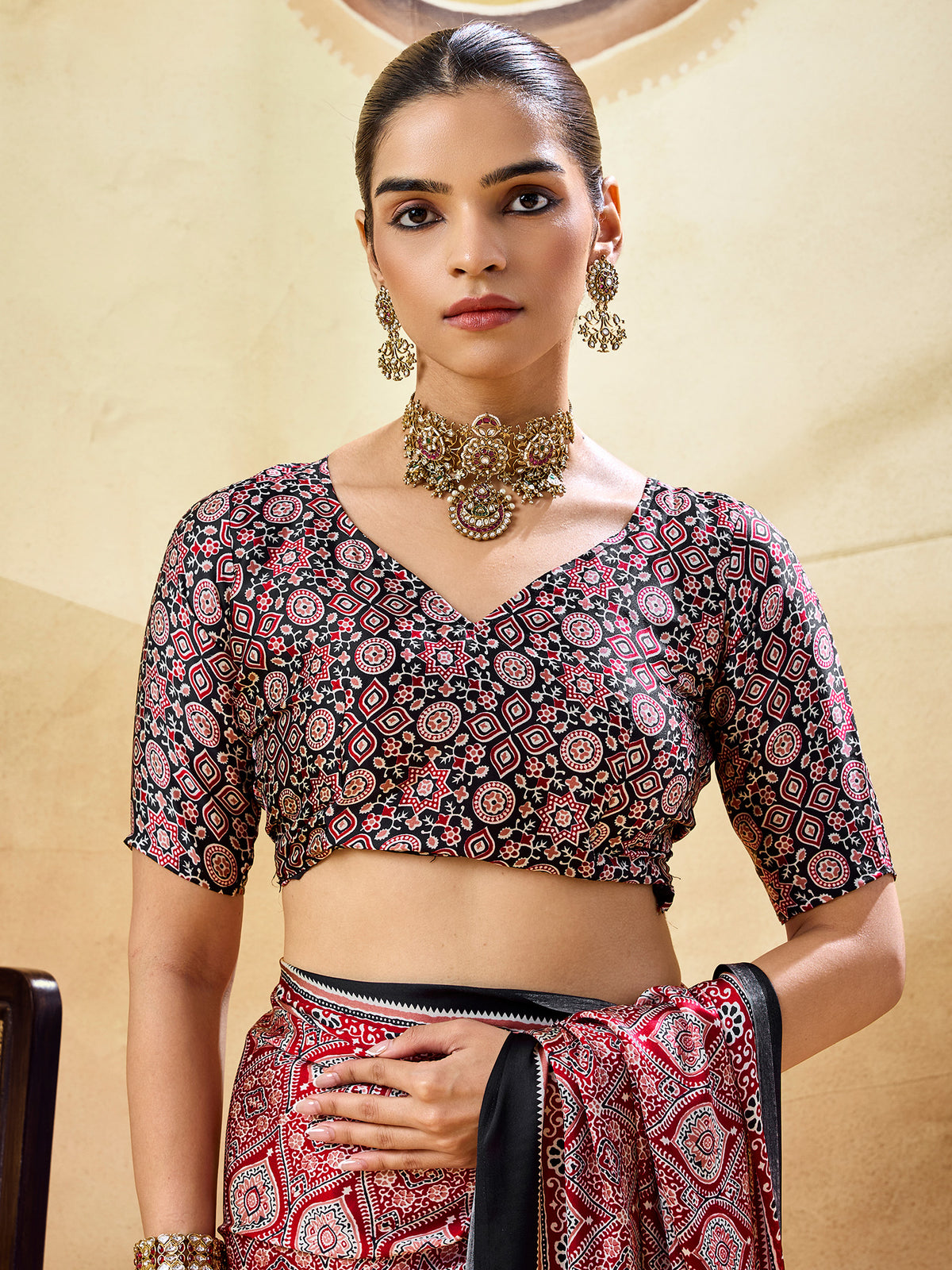 Unstitched black satin blouse piece with ajrak design