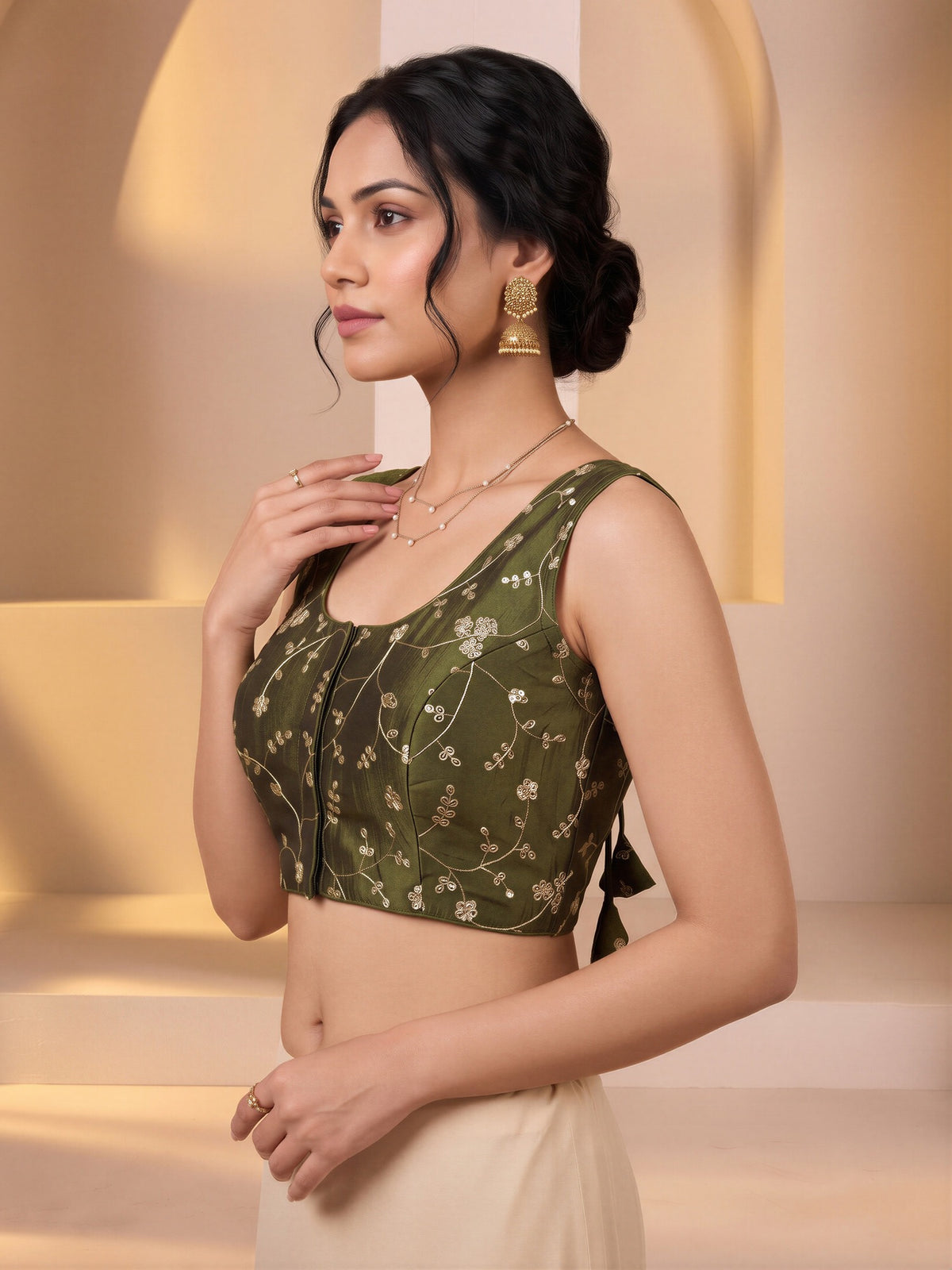 Olive sequin embroidered vichitra silk sleeveless readymade saree blouse with round neck view 2