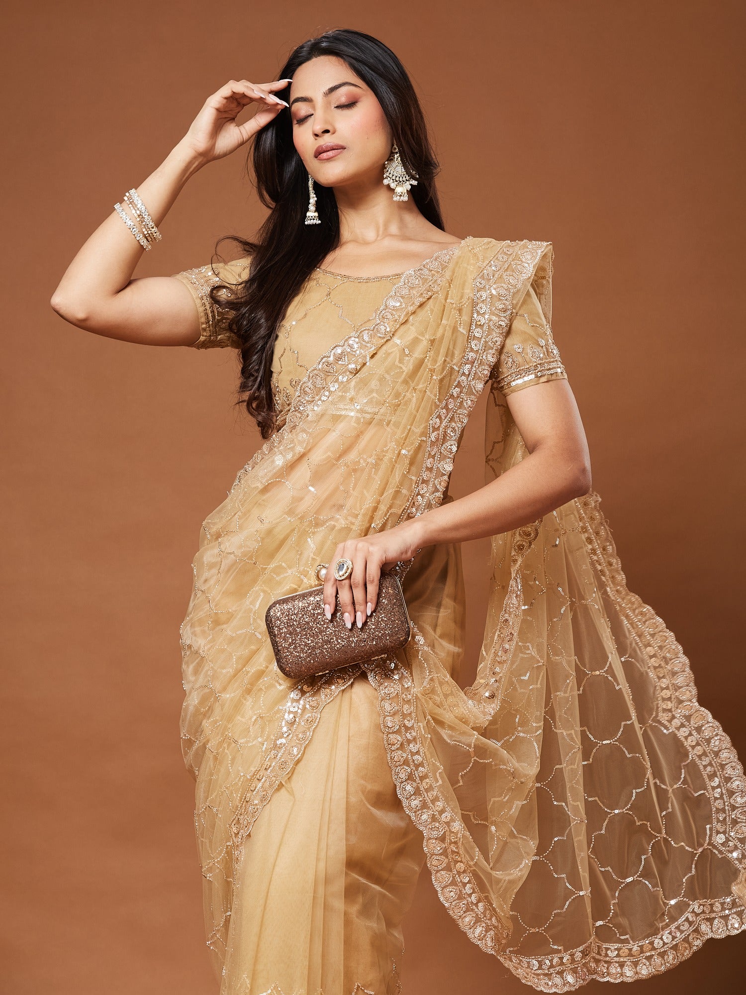Beige Net saree – detail view 3