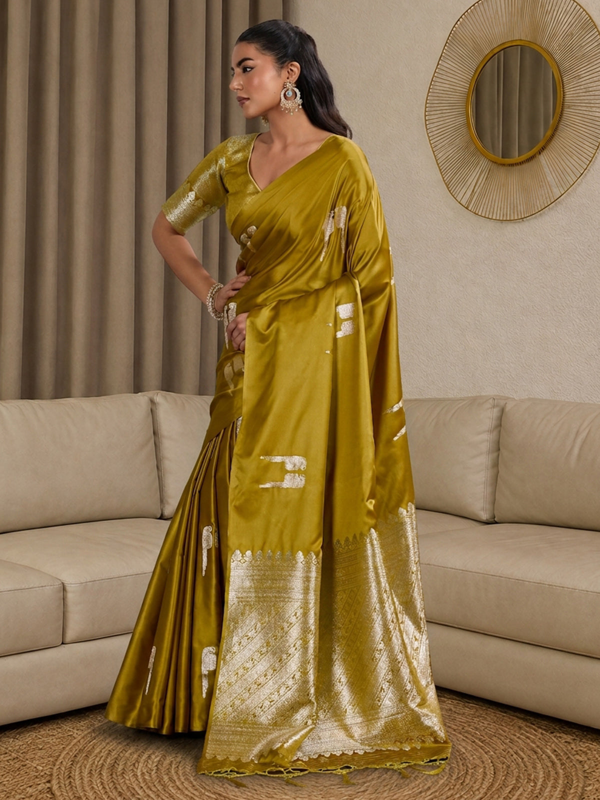 Olive Satin saree – detail view 2