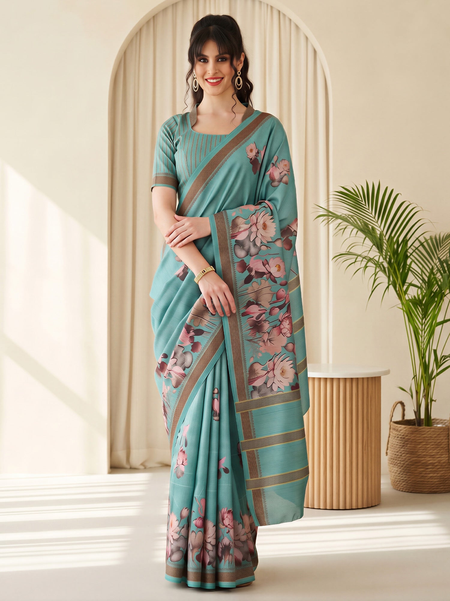Woman wearing turquoise cotton blend saree with botanical floral and leaf design and turquoise blouse