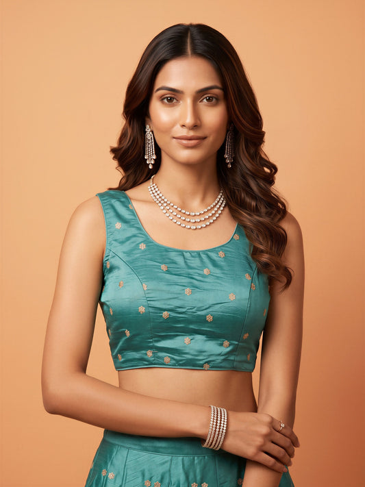 Turquoise Blue sequin embellished chinnon sleeveless readymade saree blouse with round neck