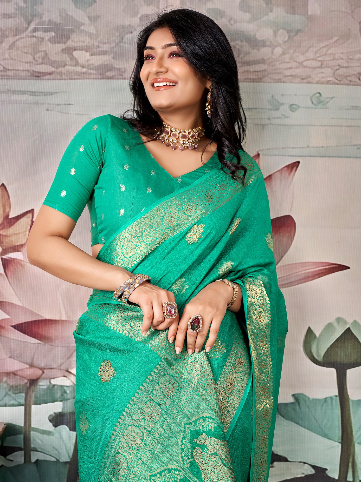 Teal Green Georgette saree – detail view 2