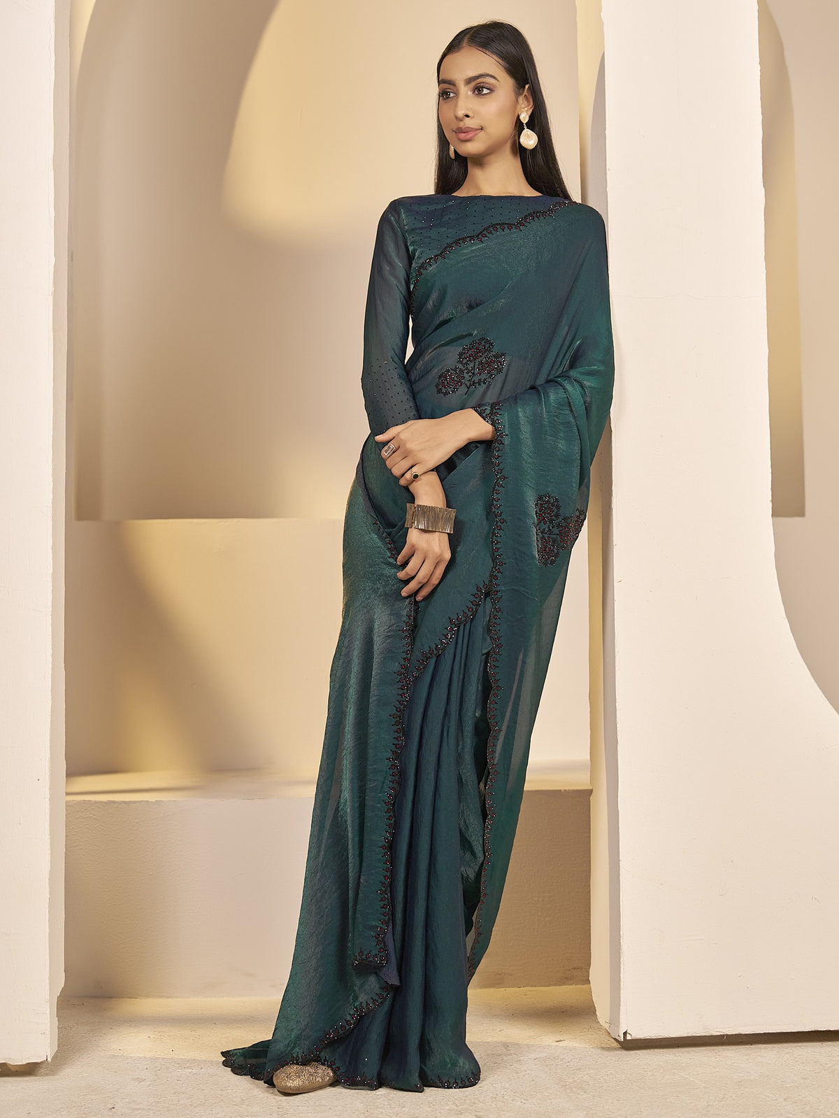 Teal Green satin silk saree view 2