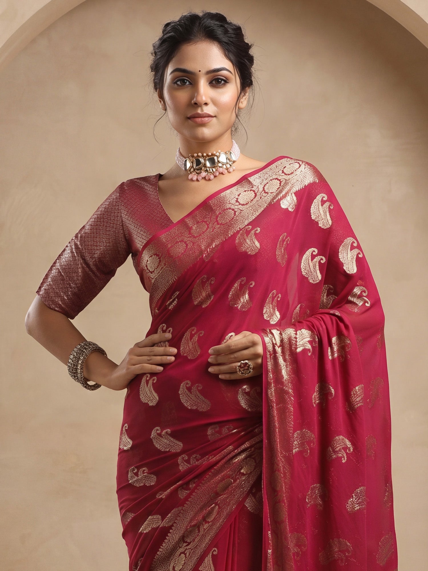 Maroon Georgette saree – detail view 4