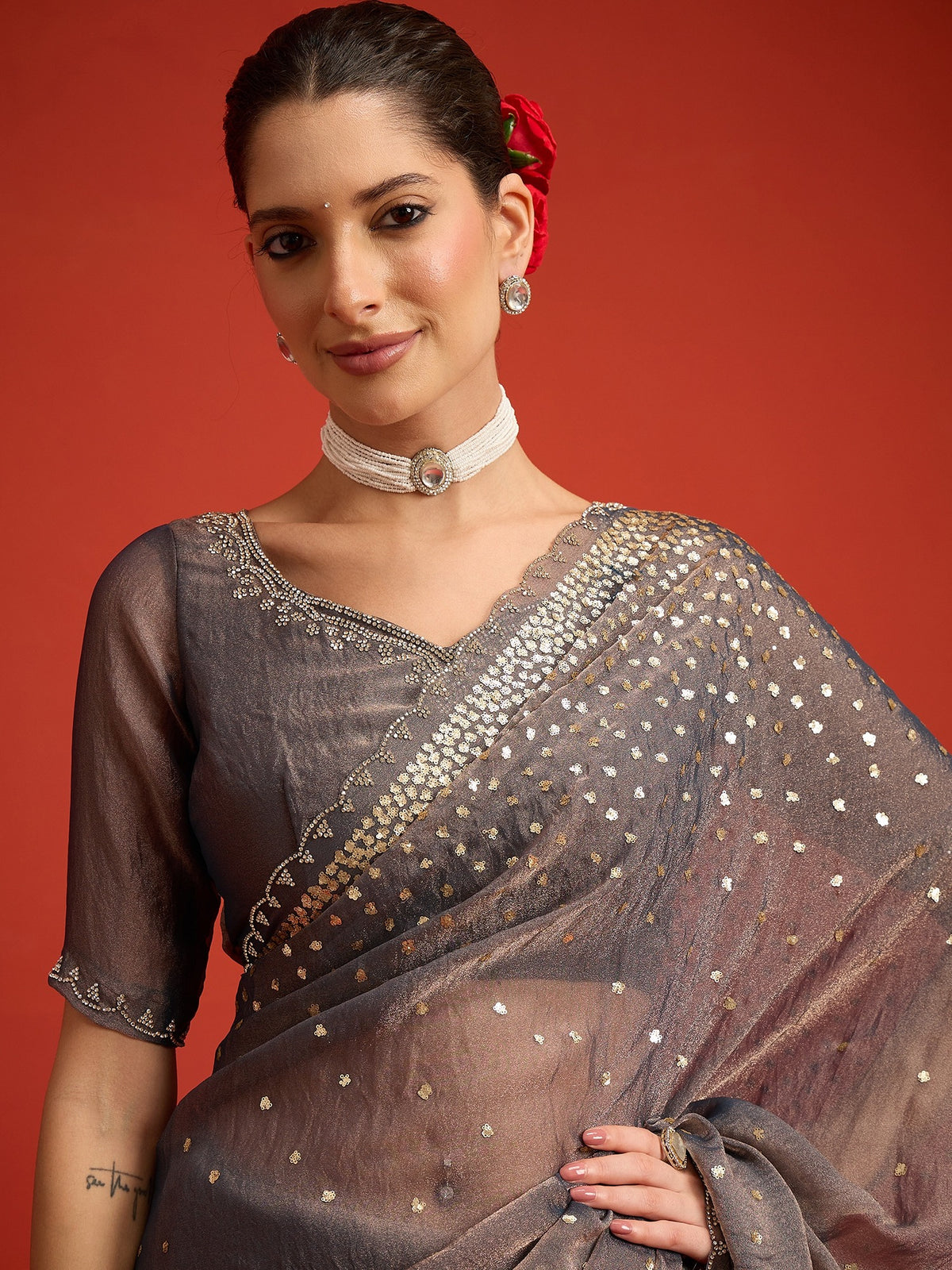 Charcoal Grey Organza saree – detail view 1