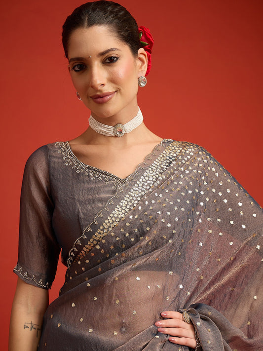 Charcoal Grey Organza saree – detail view 1